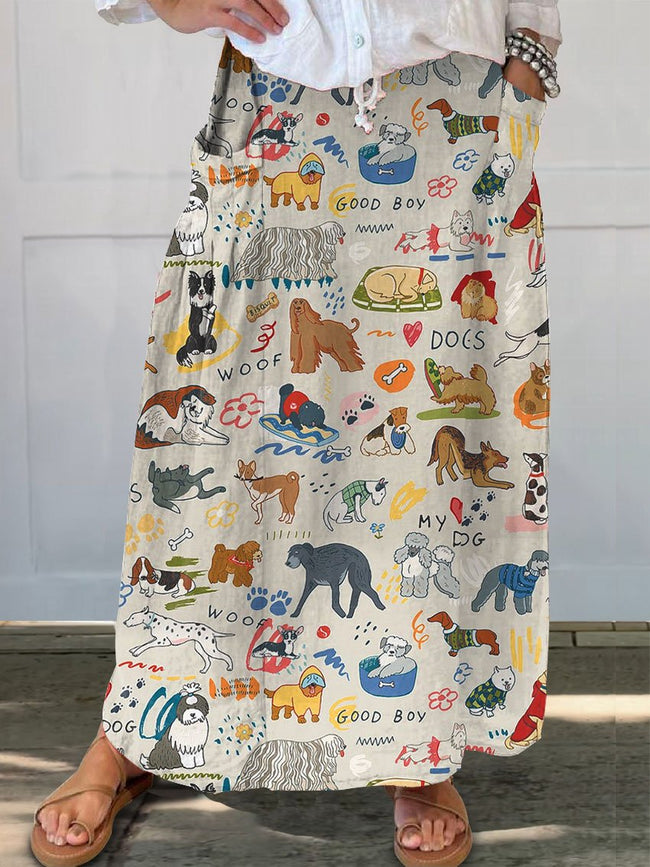 Women’s Cute Dog Art Print Linen Pocket Skirt Multicolor / S