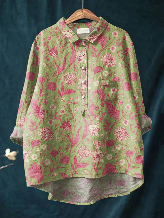 Women’s Floral Art Print Casual Cotton And Linen Shirt Multicolor / S