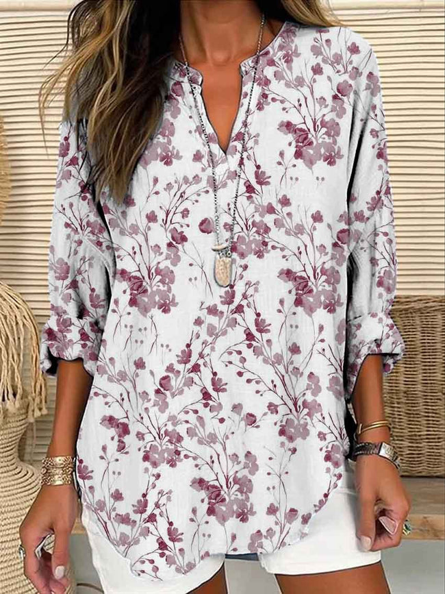 Women’s Pink Watercolor Floral Print Casual Linen V-Neck Shirt Multicolor / S