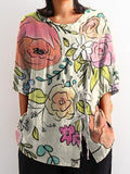 Women’s Large Floral Print Casual Cotton And Linen Shirt Multicolor / S