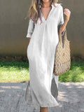 Women’s Solid Color V-Neck Linen Pocket Dress White / S