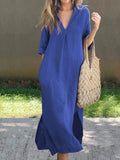 Women’s Solid Color V-Neck Linen Pocket Dress Blue / S