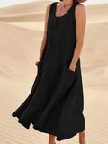 Women Sleeveless Sundress Elegant Round Neck Cotton Linen Solid Long Tank Casual Summer Dress Black