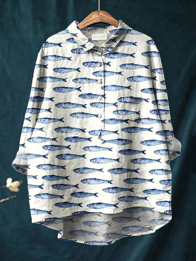 Women’s Small Blue Sardine Print Casual Cotton And Linen Shirt Multicolor / S