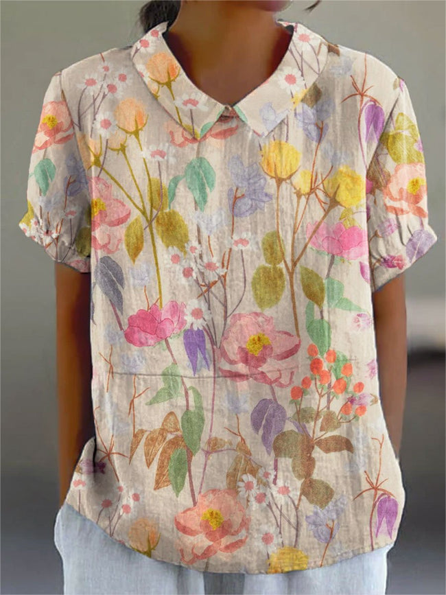 Women’s Vintage Flower Print Casual Cotton And Linen Shirt Multicolor / S