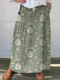 Women’s Retro Floral Art Linen Pocket Skirt Green / S