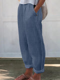 Women’s Printed Cotton And Linen Casual Pants Navy Blue / S