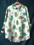 Women’s Cactus Cat Print Casual Cotton And Linen Shirt Multicolor / S