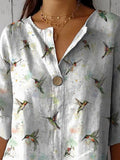 Spring Hummingbird Repeat Pattern Printed Women’s Casual Cotton Linen Shirt