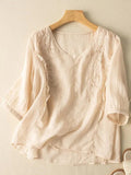 Embroidery Cotton And Linen Mid Sleeve Blouse Almond / M