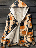 Black Cat Pumpkin Halloween Art Print Waffle Plush Thick Long-Sleeved Hooded Coat