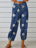 Women’s Retro Elegant Floral Art Printed Cotton And Linen Casual Pants Blue / S