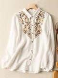 Retro Embroidery Thin Spring Summer Blouse White / M