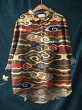 Vintage Ethnic Clouds Art Print Casual Cotton And Linen Shirt Multicolor / S