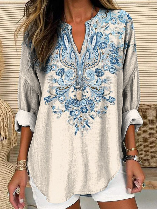 Women’s Blue Ethnic Print Casual Linen V-Neck Shirt Multicolor / S