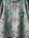 Women’s Vintage Floral Art Print Casual Cotton And Linen Shirt