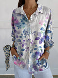 Blue-Purple Gradient Flower Print Women’s Casual Linen V-Neck Shirt Multicolor / S