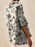 Women’s Elegant Black Floral Print Casual Linen V-Neck Shirt