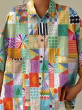 Multicolor Patchwork Pattern Printed Women’s Casual Cotton Linen Shirt