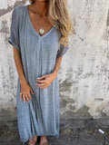 Stylish Cotton And Linen V-Neck Dress Grey / Xs