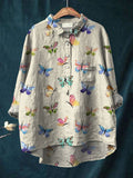 Butterfly Art Print Casual Cotton And Linen Shirt Multicolor / S