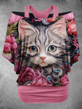 Women's Cat Flower Animal Two Piece Suit Top