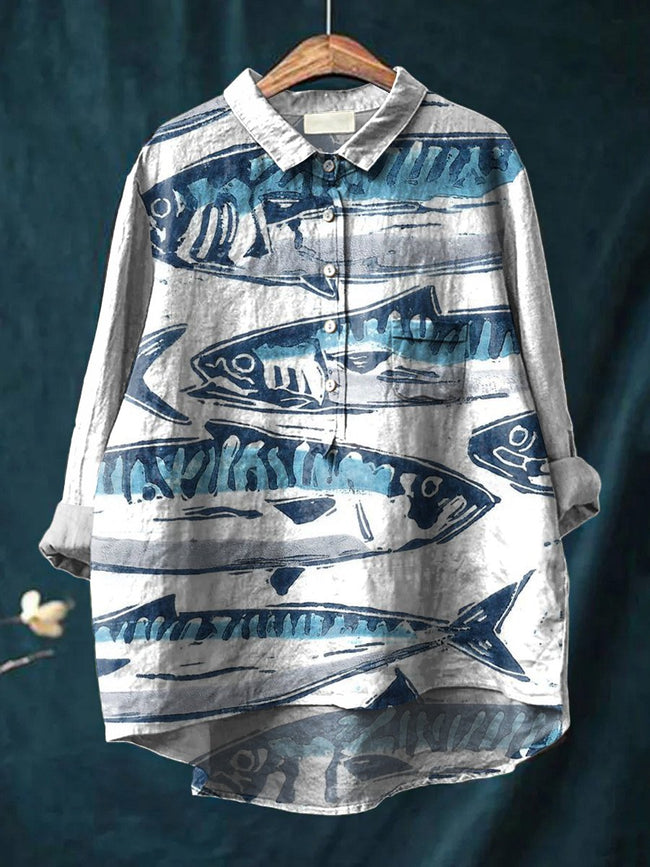 Women’s Blue Ink Fish Print Casual Cotton And Linen Shirt Multicolor / S