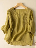 Embroidery Cotton And Linen Mid Sleeve Blouse Yellow / M