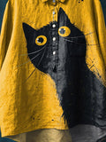 Vintage Lovely Cat Art Print Casual Cotton And Linen Shirt