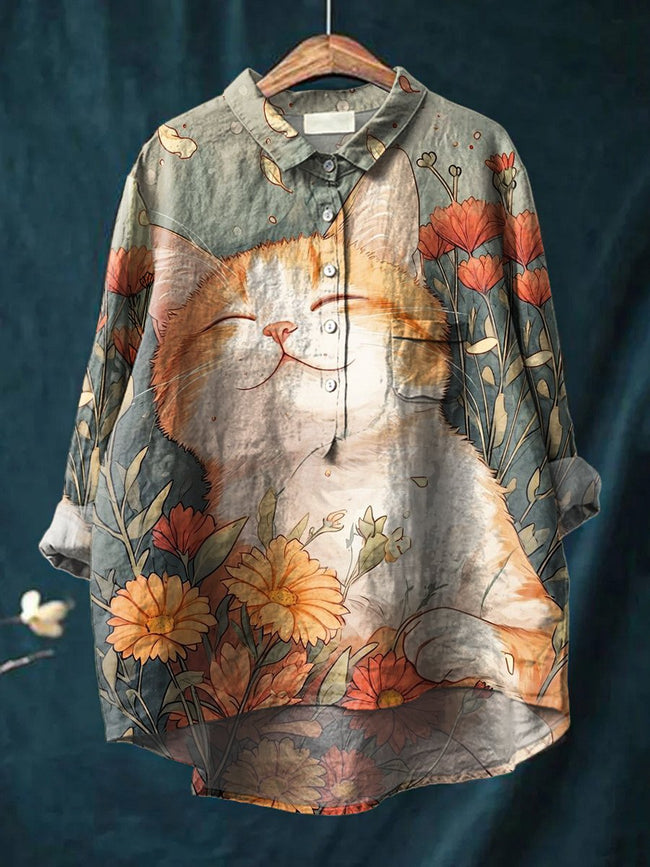 Women’s Cute Orange Kitten Flowers Print Casual Cotton And Linen Shirt Multicolor / S