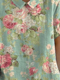 Women’s Retro Floral Art Print Casual Cotton And Linen Shirt