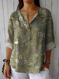 Spring Pond And Animal Pattern Printed Women’s Casual Cotton Linen Shirt Green / S