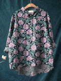 Midnight Camellia Floral Pattern Printed Women’s Casual Cotton And Linen Shirt Multicolor / S