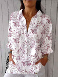 Women’s Purple Watercolor Small Floral Print Casual Linen V-Neck Shirt Multicolor / S