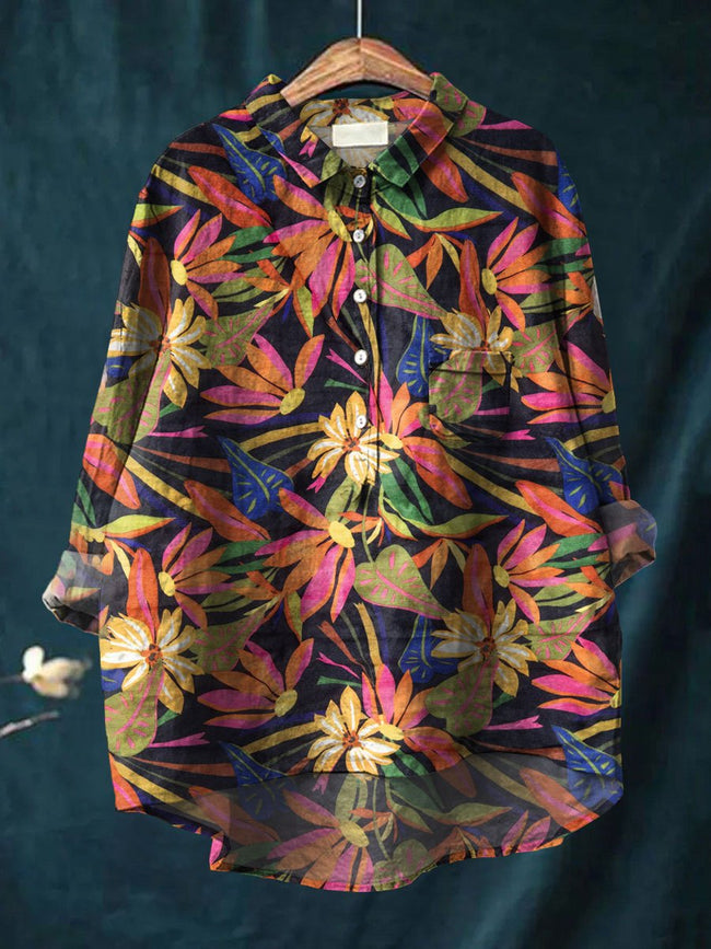 Women’s Vintage Flower Art Print Casual Cotton And Linen Shirt Multicolor / S