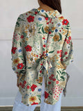 Women’s Flowers Print Casual With Bow At Back Linen Shirt