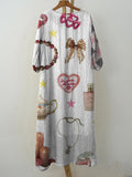 Women’s Oil Painting Texture Collage Cute Bow Print Pocket Cotton Dress