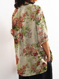 Women’s Vintage Floral Art Print Casual Cotton And Linen Shirt