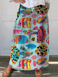 Cartoon Tropical Fish Pattern Printed Women’s Linen Pocket Skirt Multicolor / S