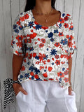 Women’s Retro Red And Blue Simple Print Casual Cotton Shirt