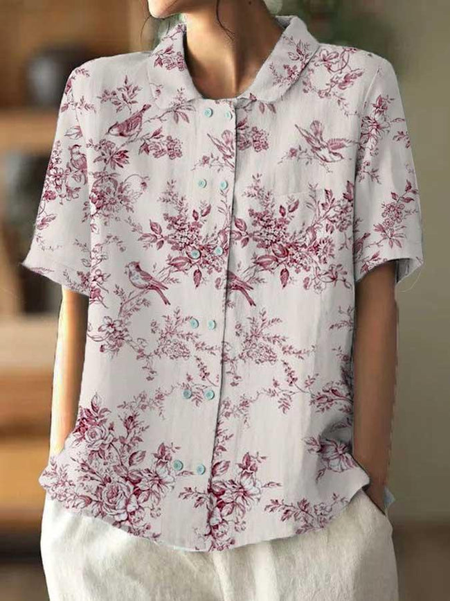 Women’s Red Flower And Bird Floral Casual Cotton And Linen Shirt Multicolor / S