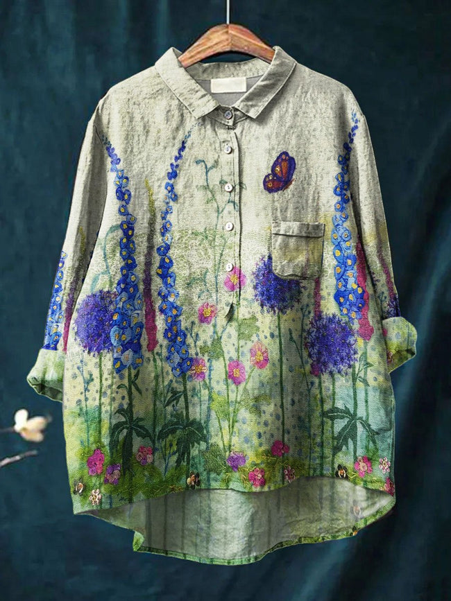 Women’s Vintage Flower Art Print Casual Cotton And Linen Shirt Multicolor / S