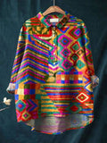 Women’s Vintage Ethnic Art Print Casual Cotton And Linen Shirt Multicolor / S