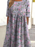 Elegant Pink French Rose Pattern Printed Women’s Pocket Cotton Dress