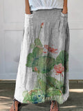 Women’s Vintage Lovely Lotus Art Printed Linen Pocket Skirt