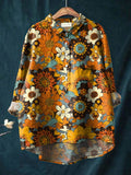 Women’s Vintage Lovely Flowers Art Print Casual Cotton And Linen Shirt Multicolor / S