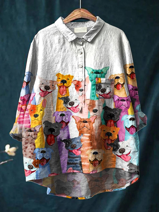 Women’s Funny Animal Art Print Casual Cotton And Linen Shirt Multicolor / S