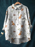 Little Forest Wildlife Pattern Printed Women’s Casual Cotton And Linen Shirt Multicolor / S