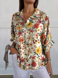 Colourful Floral Print Women’s Casual Linen V-Neck Shirt Multicolor / S