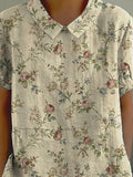 Vintage Style Small Rose Pattern Printed Women’s Casual Cotton And Linen Shirt